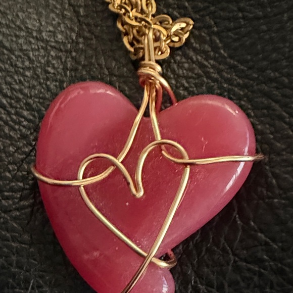 Gold and Pink Rhodonite Heart Pendant Necklace - Picture 5 of 5